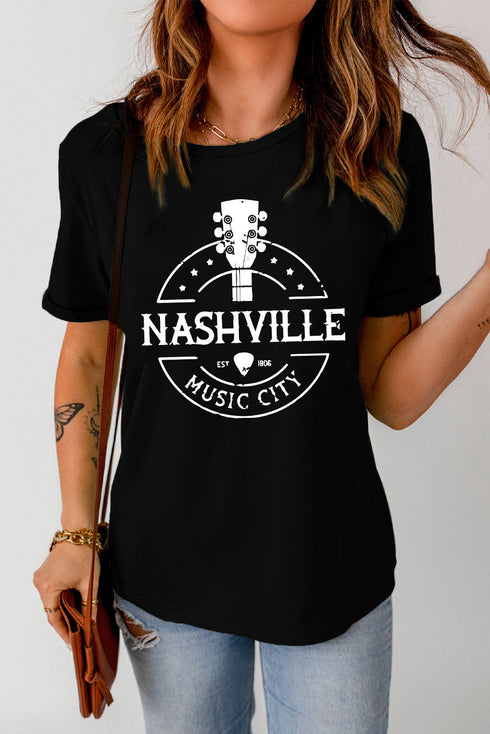 Black Nashville Music City Graphic Print Crew Neck T Shirt